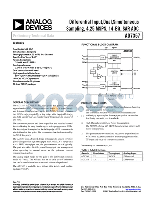 AD7357YRUZ-500RL7 datasheet - Differential Input,Dual,Simultaneous Sampling, 4.25 MSPS, 14-Bit, SAR ADC