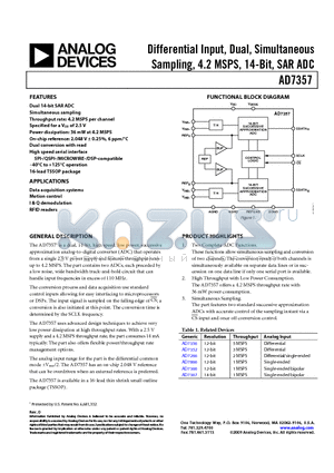 AD7357YRUZ-500RL7 datasheet - Differential Input, Dual, Simultaneous Sampling, 4.2 MSPS, 14-Bit, SAR ADC