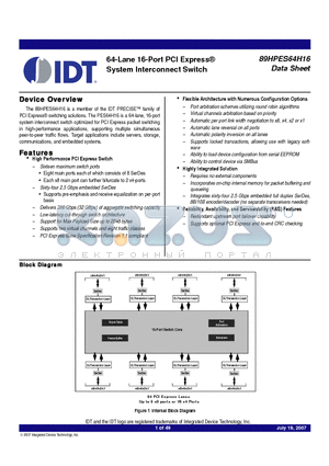 89HPES64H16ZABLI datasheet - 64-Lane 16-Port PCI Express System Interconnect Switch