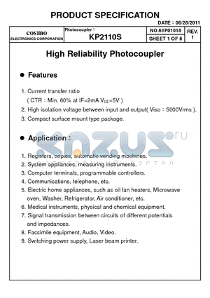 KP2110S datasheet - High Reliability Photocoupler