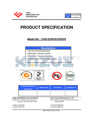 CSQ-5244V9 datasheet - 0.52 Inch Quad Digit Display