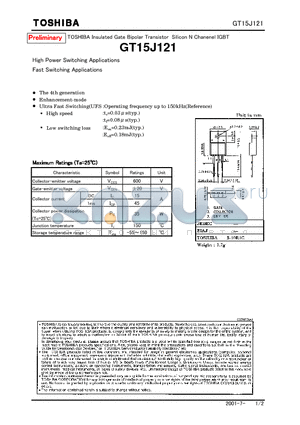 GT15J121 datasheet - Insulated Gate Bipolar Transistor Silicon N Chanenel IGBT