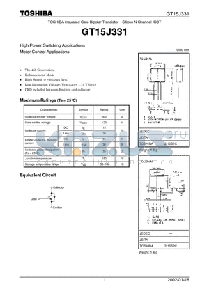 GT15J331 datasheet - High Power Switching Applications Motor Control Applications