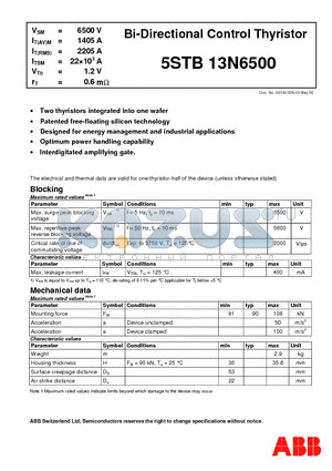 5STB13N6500 datasheet - Bi-Directional Control Thyristor