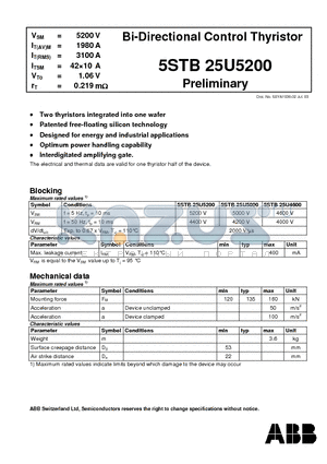 5STB25U5200 datasheet - Bi-Directional Control ThyristorBi-Directional Control Thyristor