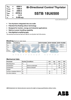 5STB18U6500 datasheet - Bi-Directional Control Thyristor