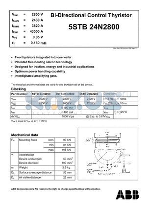 5STB24N2800 datasheet - Bi-Directional Control Thyristor