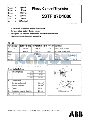 5STP07D1800 datasheet - Phase Control Thyristor