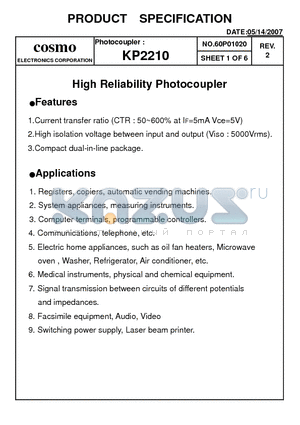 KP2210 datasheet - High Reliability Photocoupler