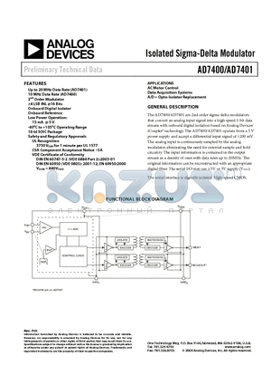 AD7400BRW datasheet - Isolated Sigma-Delta Modulator