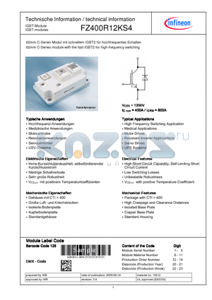 FZ400R12KS4 datasheet - 62mm C-Series module with the fast IGBT2 for high-frequency switching