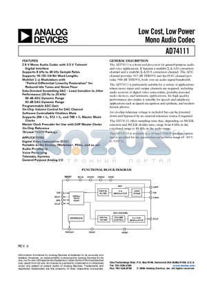 AD74111YRU datasheet - Low Cost, Low Power Mono Audio Codec