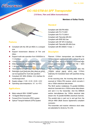 FAM-30X1S-T20 datasheet - OC-192/STM-64 SFF Transponder