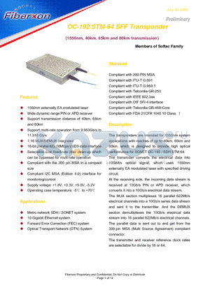 FAM-50X1S-T40 datasheet - OC-192/STM-64 SFF Transponder