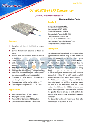 FAM-70X1S-T40 datasheet - OC-192/STM-64 SFF Transponder