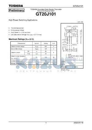 GT20J101 datasheet - TOSHIBA Insulated Gate Bipolar Transistor Silicon N Channel IGBT