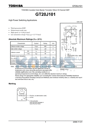 GT20J101 datasheet - Silicon N Channel IGBT High Power Switching Applications