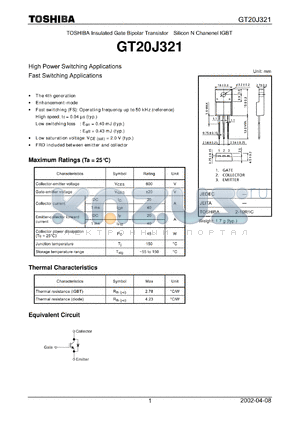 GT20J321 datasheet - High Power Switching Applications Fast Switching Applications