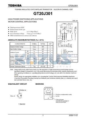 GT20J301 datasheet - SILICON N CHANNEL IGBT HIGH POWER SWITCHING APPLICATIONS
