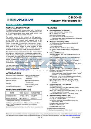 DS80C400 datasheet - DS80C400 Network Microcontroller