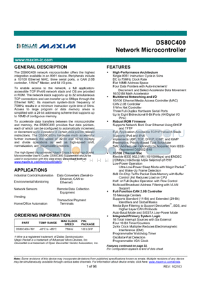 DS80C400 datasheet - Network Microcontroller