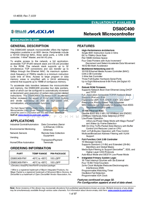 DS80C400-FNY+ datasheet - Network Microcontroller