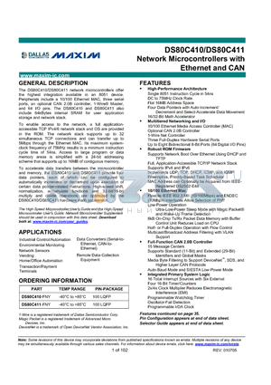 DS80C410-FNY datasheet - Network Microcontrollers with Ethernet and CAN