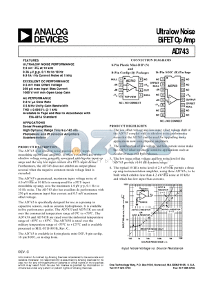 AD743SQ/883B datasheet - Ultralow Noise BiFET Op Amp