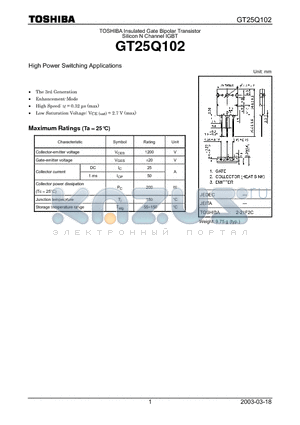 GT25Q102 datasheet - N CHANNEL IBGT (HIGH POWER SWITCHING APPLICATIONS)