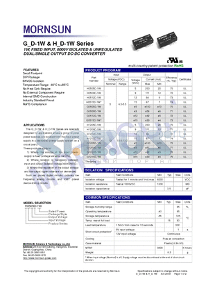 G0509D-1W datasheet - DUAL/SINGLE OUTPUT DC-DC CONVERTER