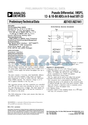 AD7441BRT datasheet - Pseudo Differential, 1MSPS, 12- & 10-Bit ADCs in 8-lead SOT-23