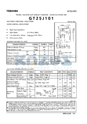 GT25J101 datasheet - N CHANNEL (HIGH POWER SWITCHING, MOTOR CONTROL APPLICATIONS)