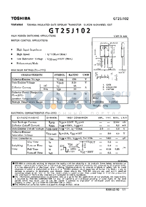 GT25J102 datasheet - N CHANNEL (HIGH POWER SWITCHING, MOTOR CONTROL APPLICATIONS)
