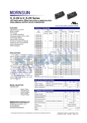 G0512D-2W datasheet - DUAL/SINGLE OUTPUT DC-DC CONVERTER