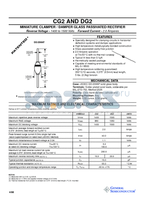 CG2 datasheet - MINIATURE CLAMPER / DAMPER GLASS PASSIVATED RECTIFIER