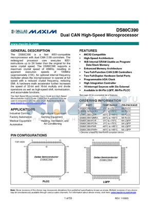 DS80C390 datasheet - Dual CAN High-Speed Microprocessor