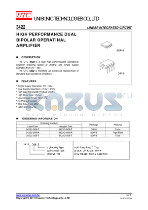 3422G-S08-R datasheet - HIGH PERFORMANCE DUAL BIPOLAR OPERATINAL AMPLIFIER