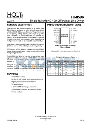 HI-8596 datasheet - Single-Rail ARINC 429 Differential Line Driver