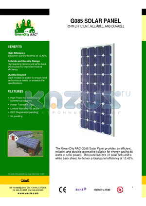 G085 datasheet - SOLAR PANEL 85 W EFFICIENT, RELIABLE, AND DURABLE