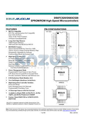 DS83C520 datasheet - EPROM/ROM High-Speed Microcontrollers