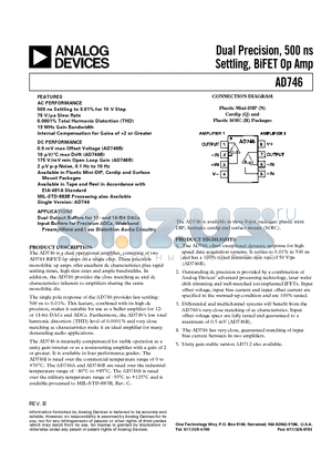 AD746JN datasheet - Dual Precision, 500 ns Settling, BiFET Op Amp