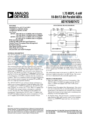 AD7470ARU datasheet - 1.75 MSPS, 4 mW 10-Bit/12-Bit Parallel ADCs