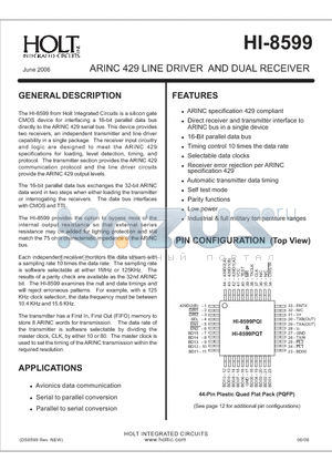 HI-8599 datasheet - ARINC 429 LINE DRIVER AND DUAL RECEIVER