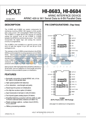 HI-8683PDT datasheet - ARINC INTERFACE DEVICE ARINC 429& 561 SERIAL DATA TO 8-BIT PARALLEL DATA