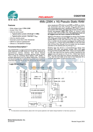 CG6257AM datasheet - 4Mb (256K x 16) Pseudo Static RAM