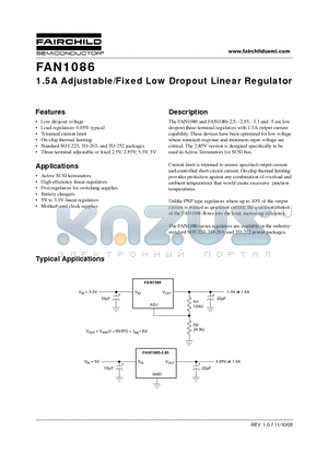 FAN1086M33X datasheet - 1.5A Adjustable/Fixed Low Dropout Linear Regulator