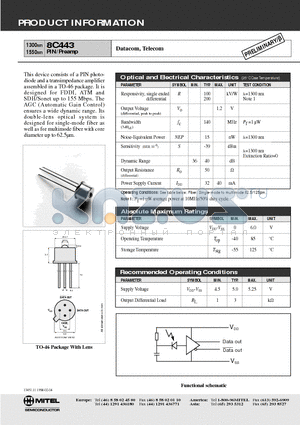 8C443 datasheet - PIN/Preamp(Datacom, Telecom)