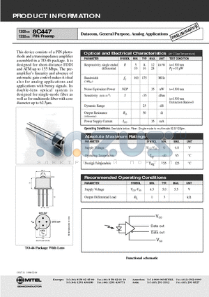 8C447 datasheet - PIN/Preamp(Datacom, General Purpose, Analog Applications)