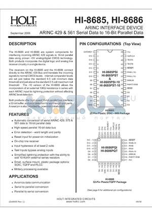 HI-8685PJTF datasheet - ARINC INTERFACE DEVICE ARINC 429 & 561 Serial Data to 16-Bit Parallel Data