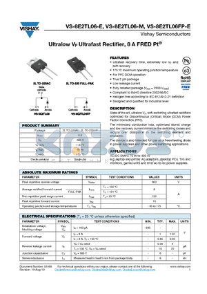 8E2TL06-E datasheet - Ultralow VF Ultrafast Rectifier, 8 A FRED Pt^